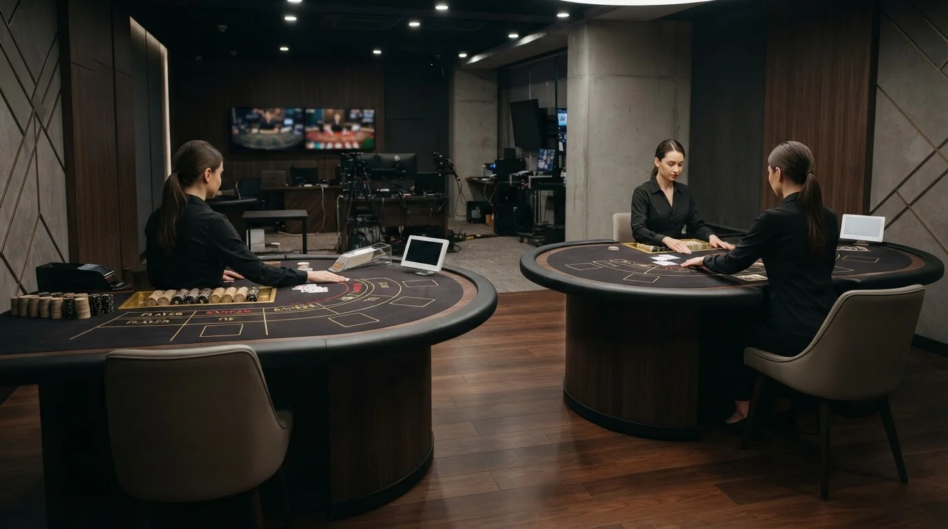 Live-Casino-Studio mit mehreren neutralen Baccarat-Tischansichten