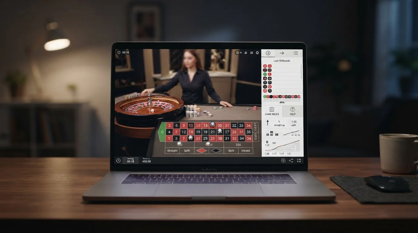 Aufgeräumter Live-Casino-Bildschirm mit Einsatzfenster, Regelhinweis und Rundenhistorie ohne Logo