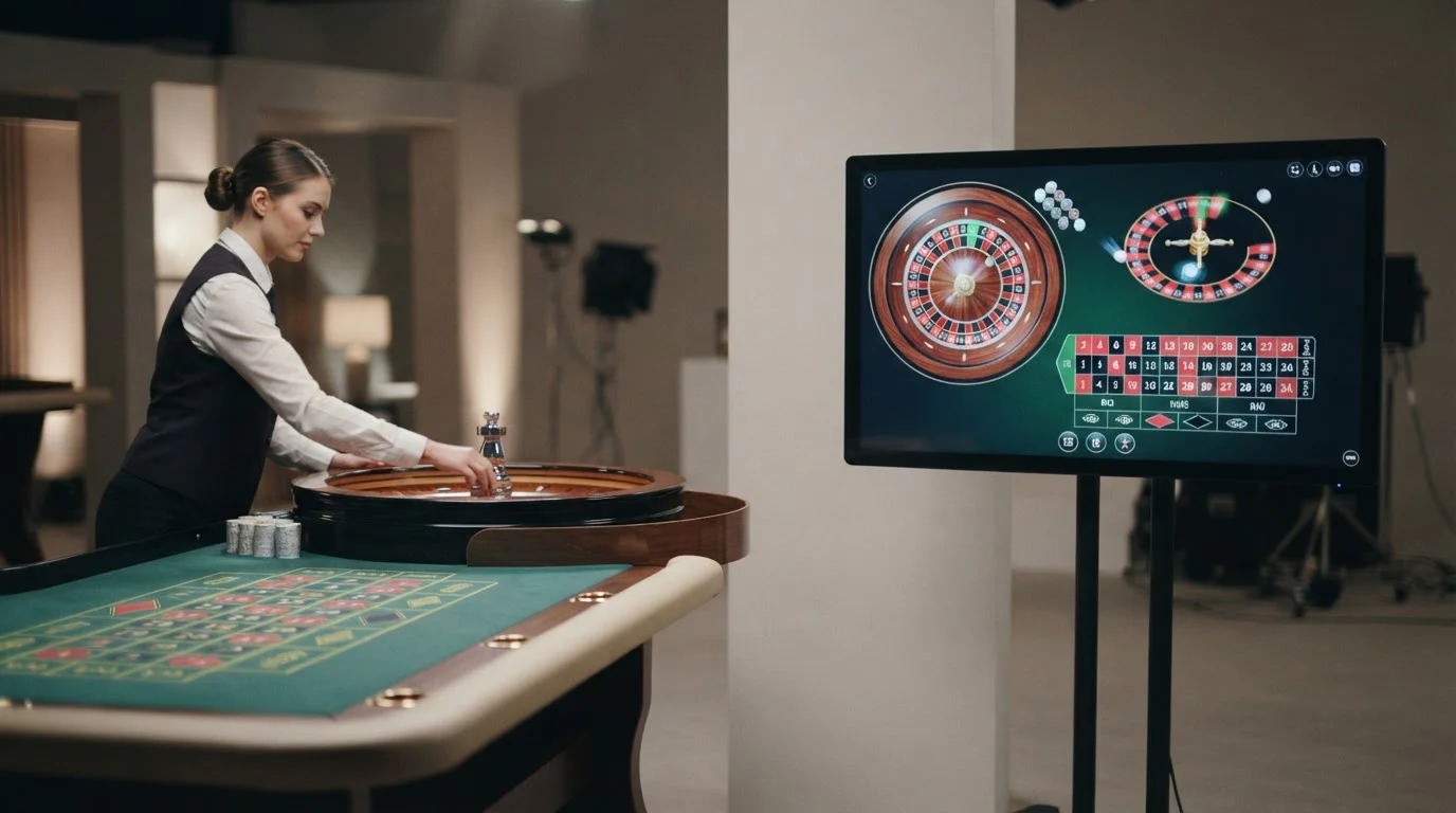 Geteilte neutrale Darstellung von Automatenspiel und Live-Tisch mit klarer Kategoriekennzeichnung
