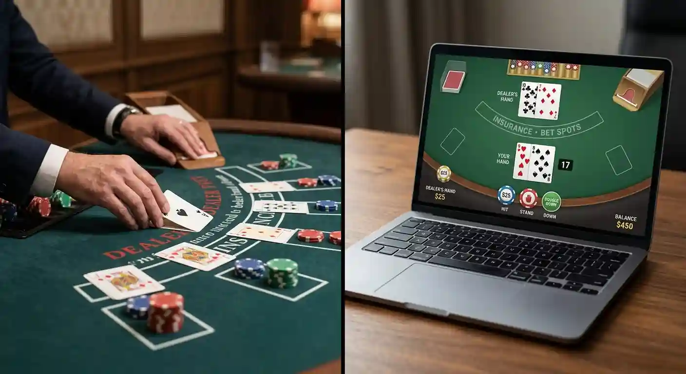 Physischer Blackjack-Tisch mit sichtbaren Karten und leerem Dealerplatz