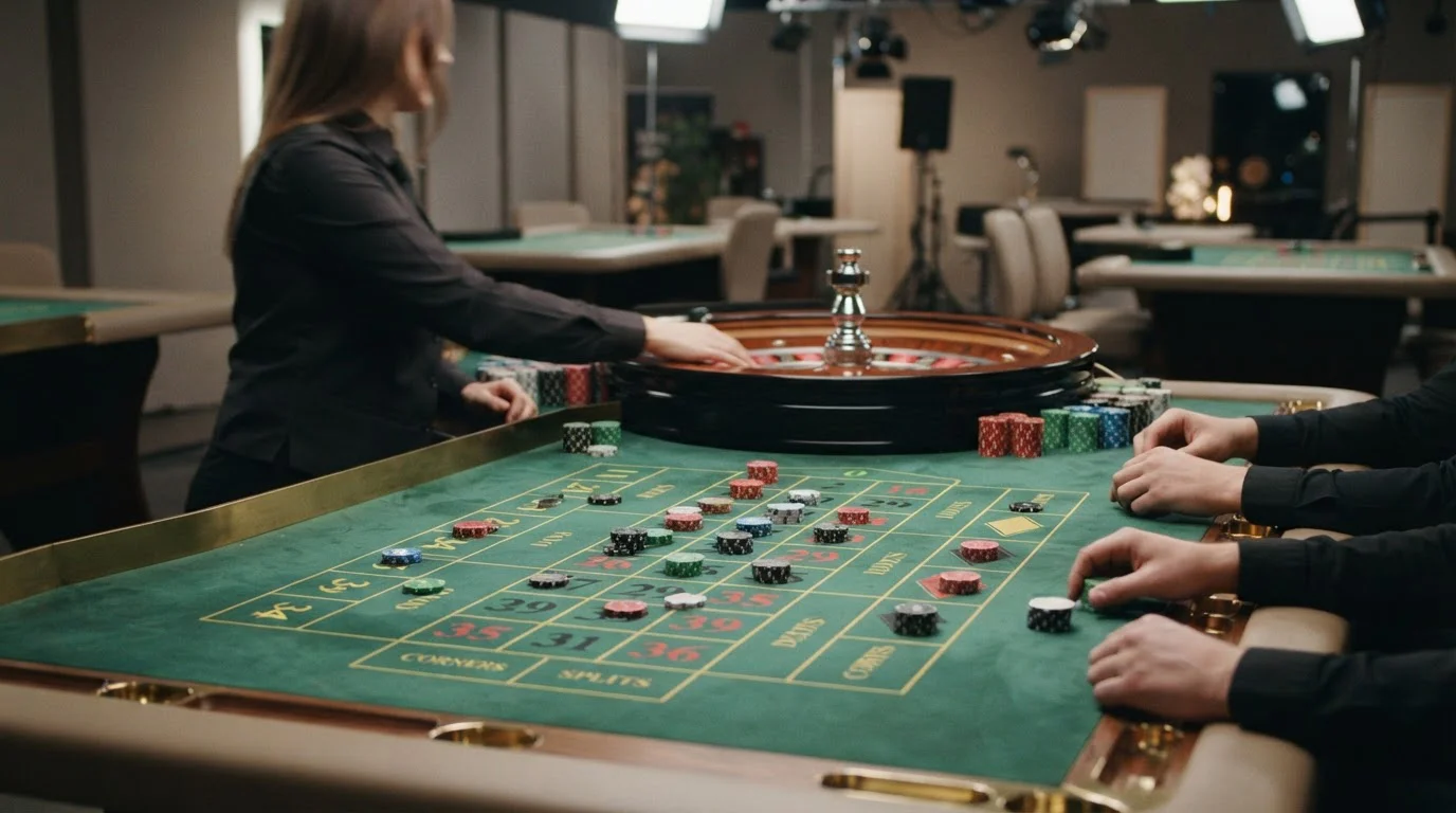 Live-Roulette-Tisch aus mittlerer Distanz mit sichtbarer Einsatzoberfläche ohne Markenlogo