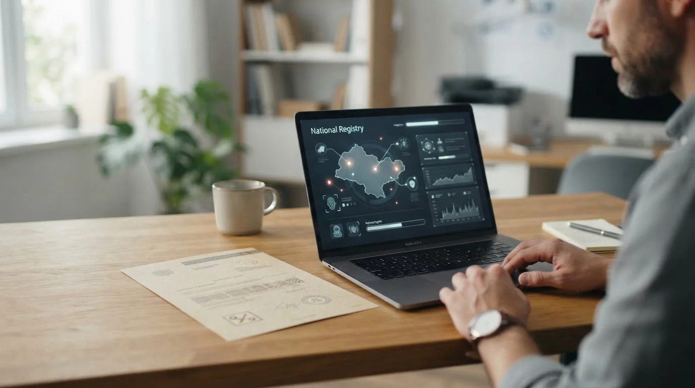 Neutrale Lizenzunterlagen neben einem Laptop mit Länderprüfung