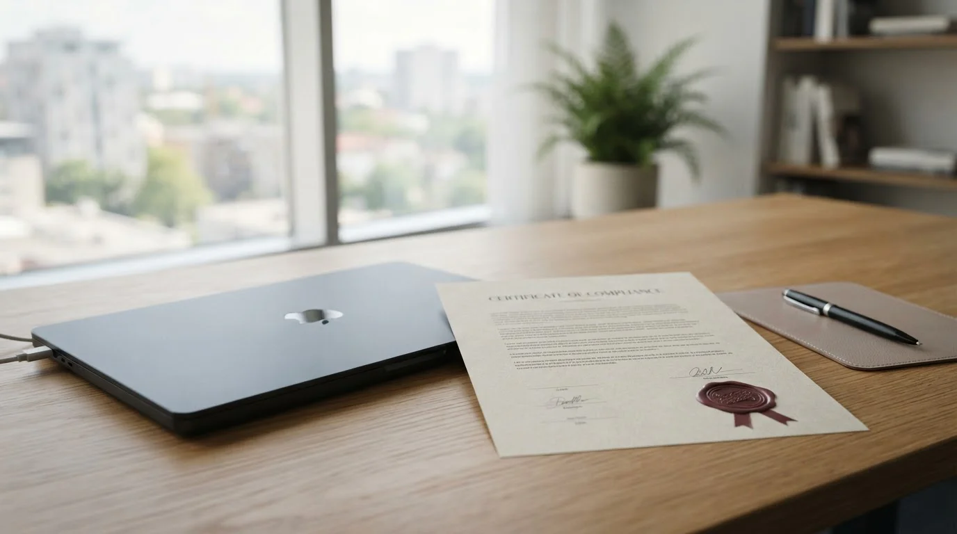 Neutraler Prüfplatz mit Laptop und amtlich wirkendem Lizenzdokument ohne Logo
