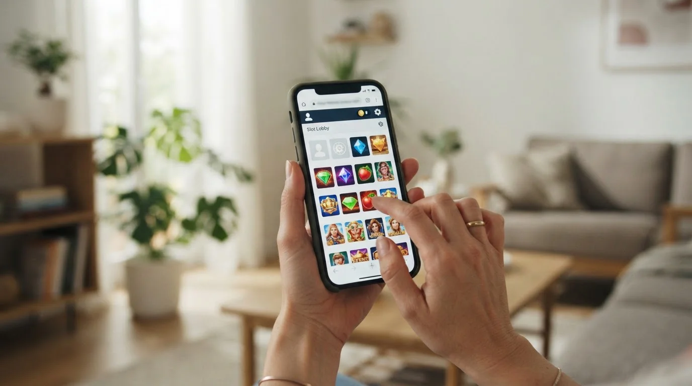Person nutzt eine neutrale mobile Casino-Lobby im Browser mit gut lesbaren Kontofunktionen