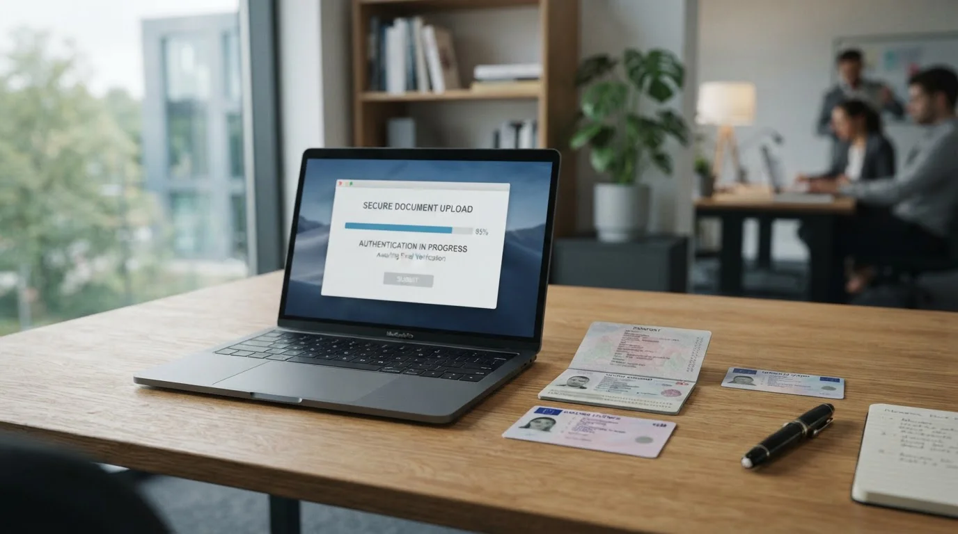 Ordentlich sortierte Identitätsunterlagen neben einem Laptop mit neutralem Uploadfenster