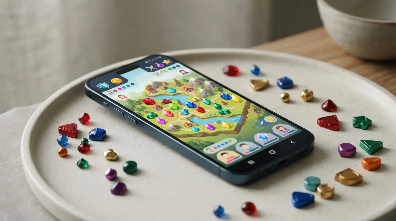 Virtuelle Chips und neutrale Social-Casino-Oberfläche auf einem Smartphone