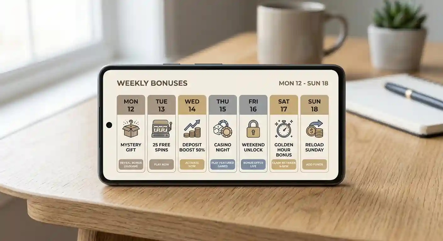 Smartphone-Display mit wöchentlichem Aktionskalender und verschiedenen Bonus-Angeboten