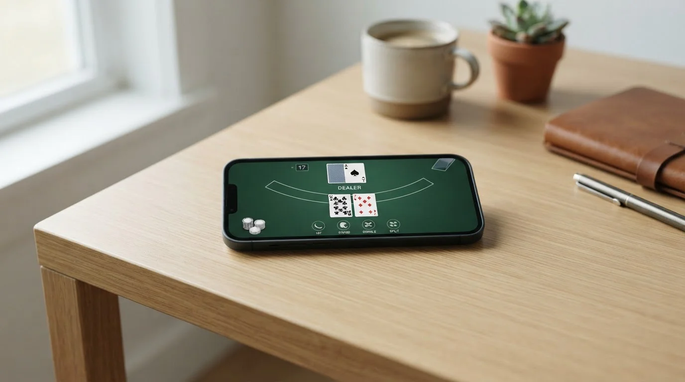 Smartphone mit neutralem virtuellen Blackjack-Tisch und gut lesbaren Spielinformationen