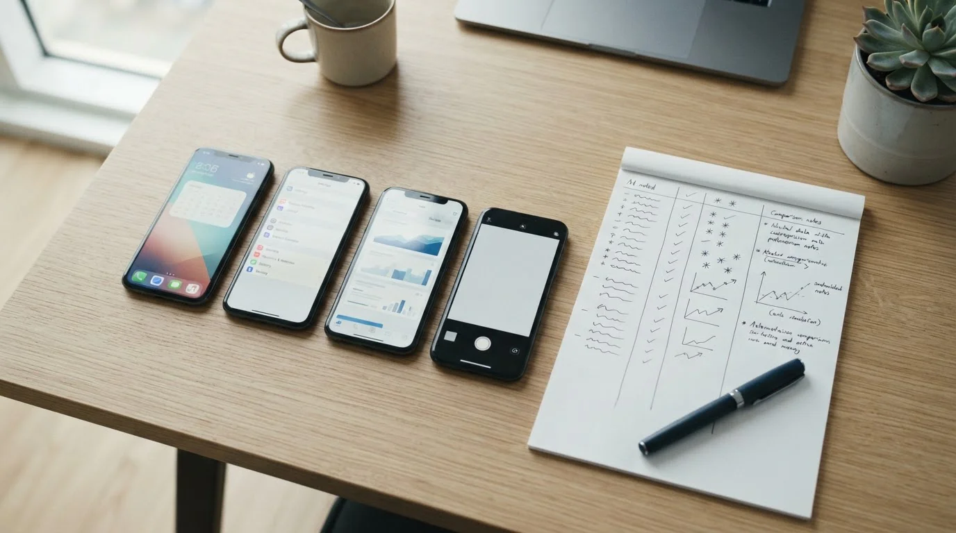 Vier neutrale mobile Angebotskarten auf einem Schreibtisch