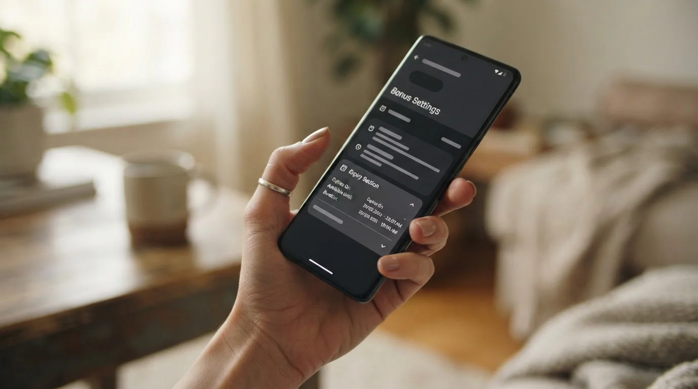 Smartphone mit neutraler Bonusansicht und aufgeklappten Fristdetails