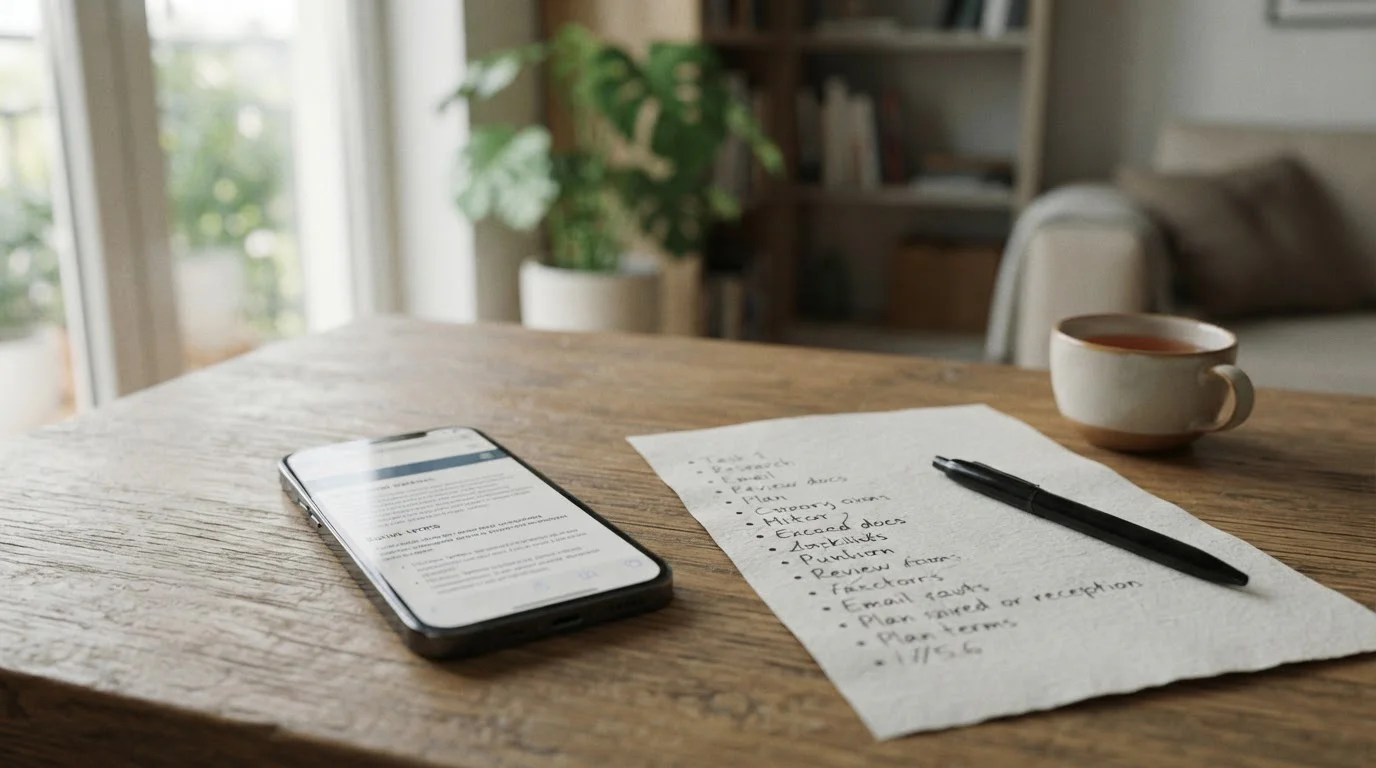 Smartphone mit neutraler Bonusseite und handschriftlicher Prüfliste