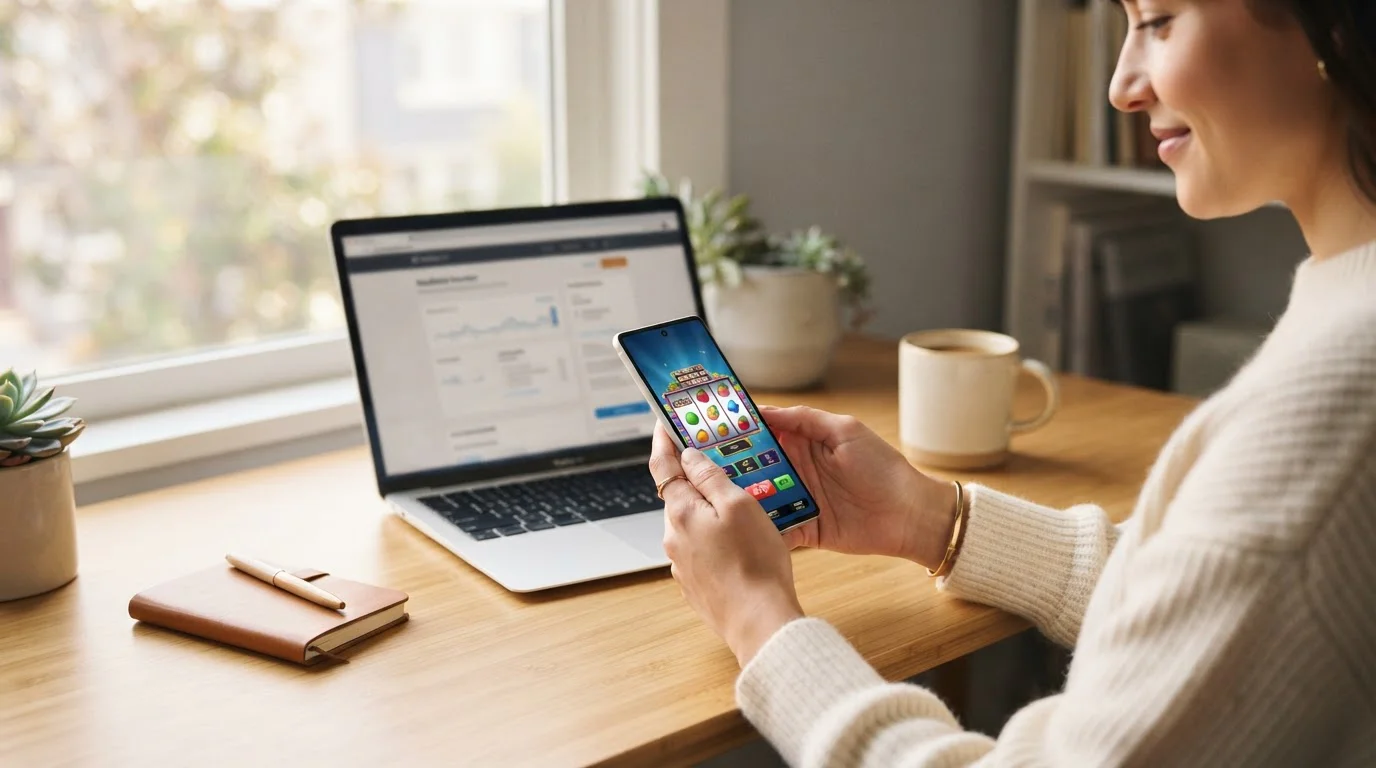 Person spielt Slot-Spiel auf Smartphone, Laptop im Hintergrund, warmes Tageslicht