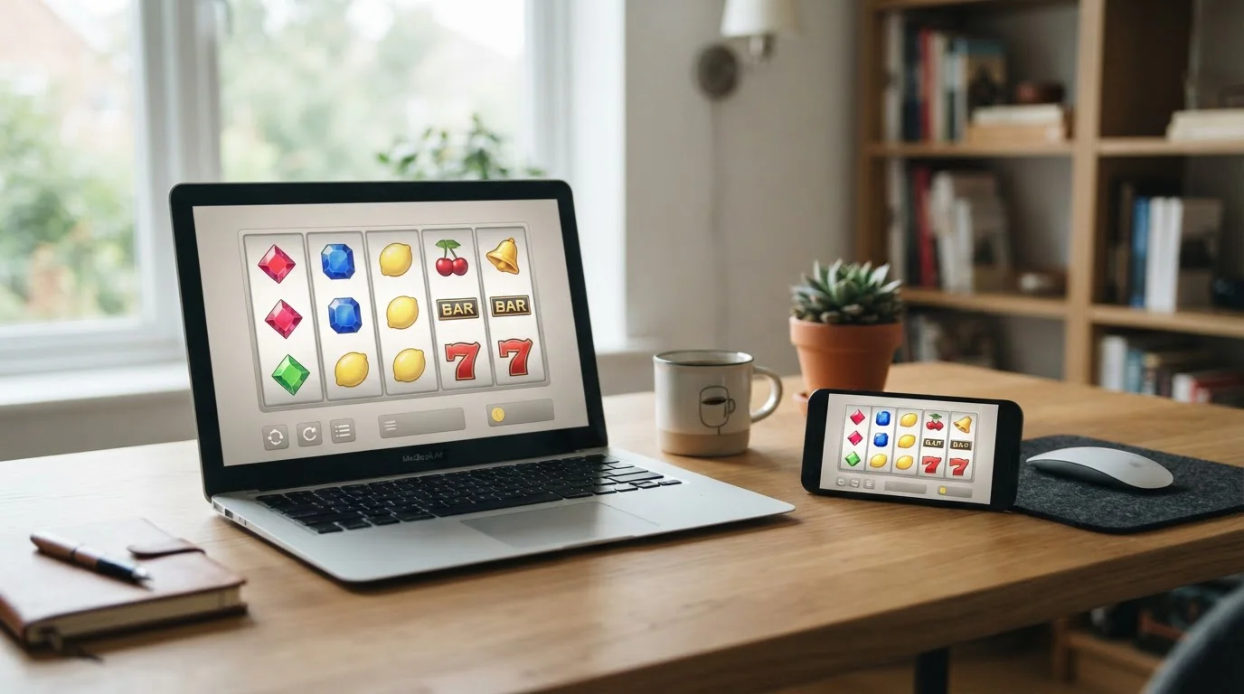 Laptop und Smartphone mit neutralen Spielautomaten-Symbolen ohne Markenkennzeichen