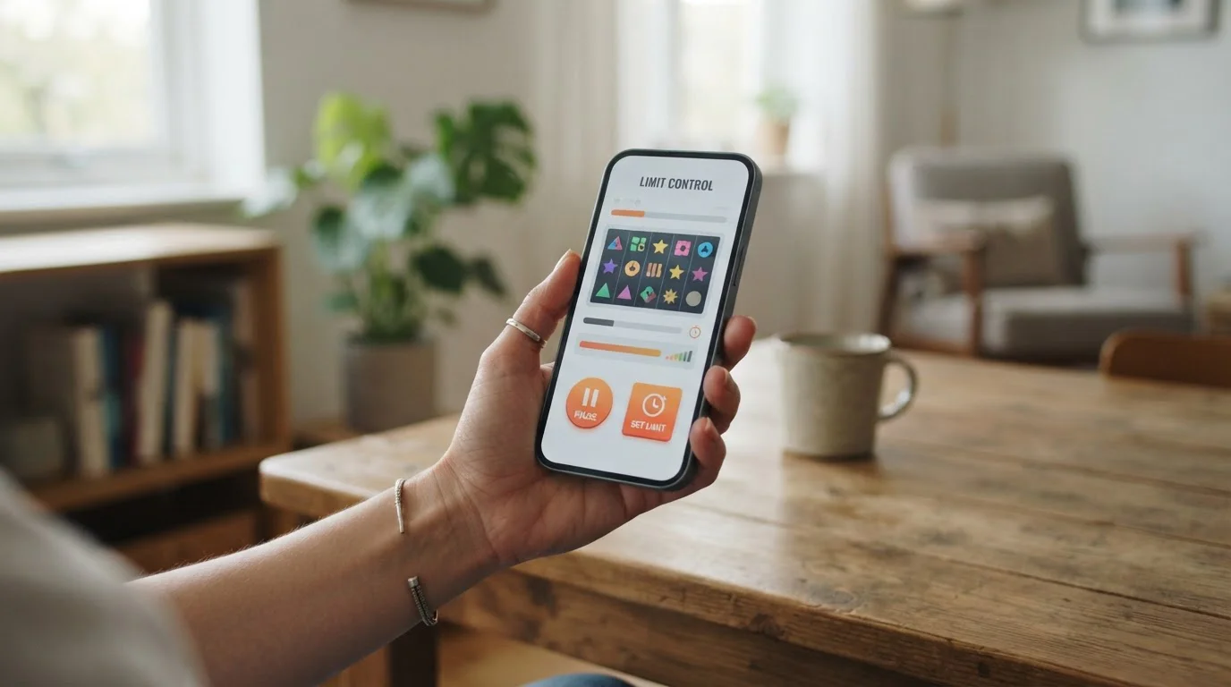 Smartphone mit neutraler Slot-Oberfläche und sichtbaren Spielerschutzoptionen