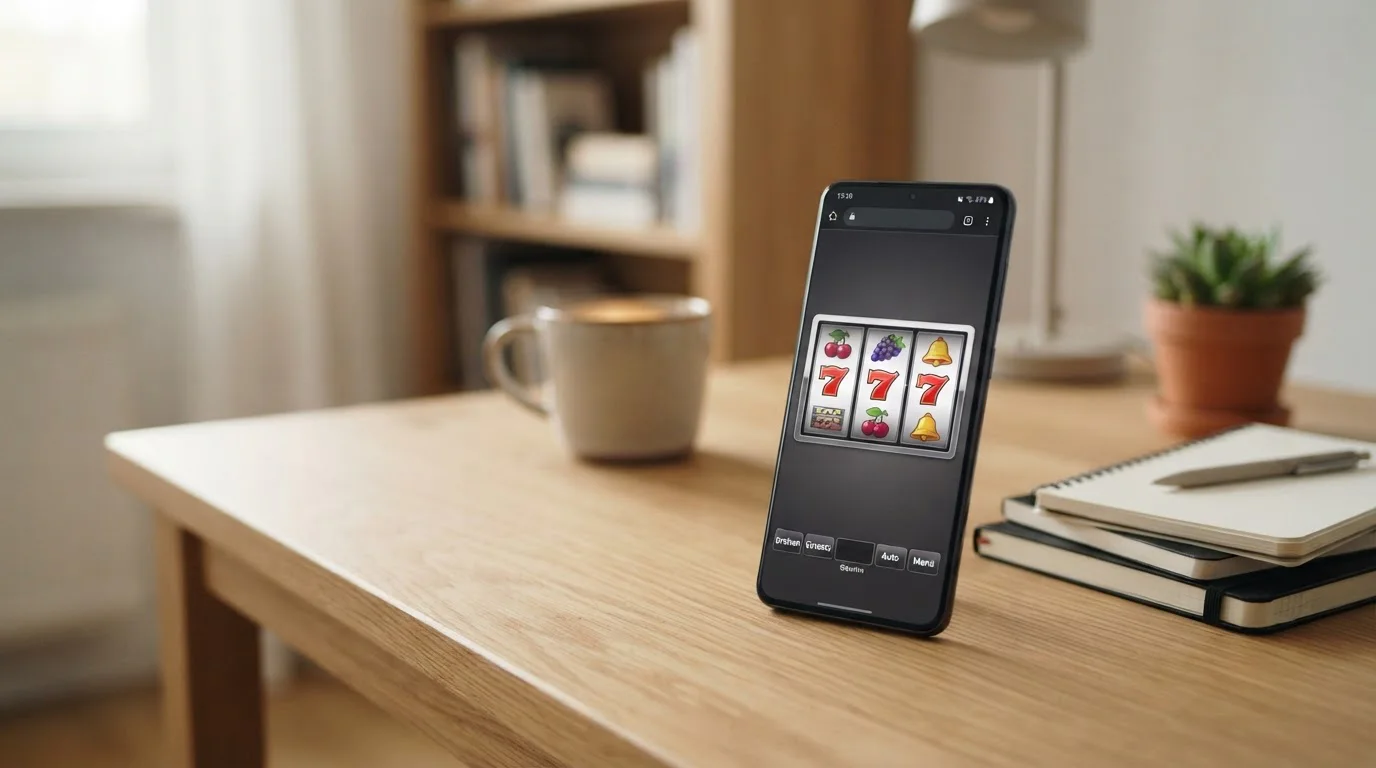 Smartphone mit neutralen Spielautomaten und deutscher Spracheinstellung
