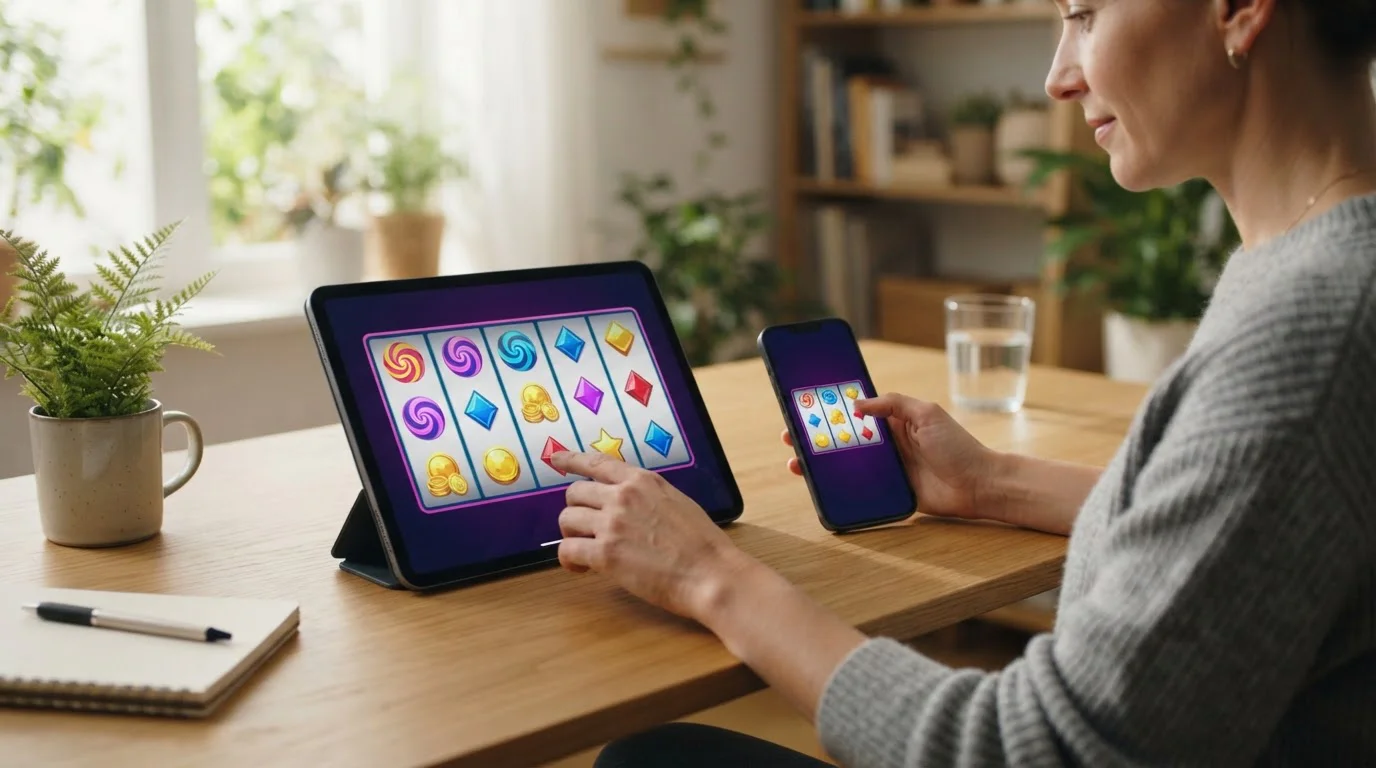 Smartphone und Tablet zeigen die gleiche Demo-Slot-Ansicht im Browser