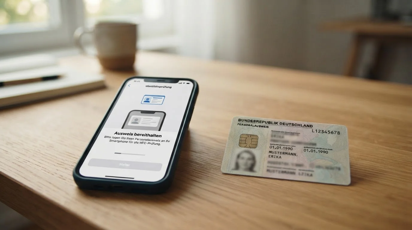 Smartphone mit geöffneter Verifizierungs-Oberfläche und Personalausweis daneben auf dem Tisch
