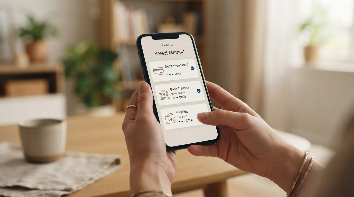 Smartphone mit mobiler Zahlungs-App und verschiedenen Zahlungsmethoden-Icons auf dem Bildschirm