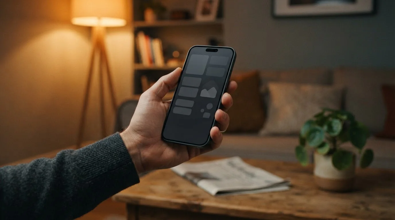 Smartphone in der Hand mit neutraler Spieloberfläche, im Hintergrund ein aufgeräumter Wohnzimmertisch