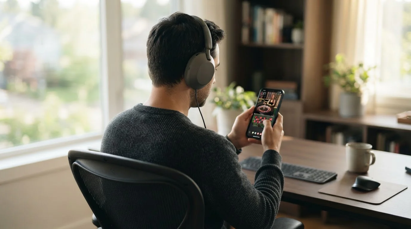 Spieler prüft Live-Roulette-Tisch auf einem Smartphone mit Kopfhörern