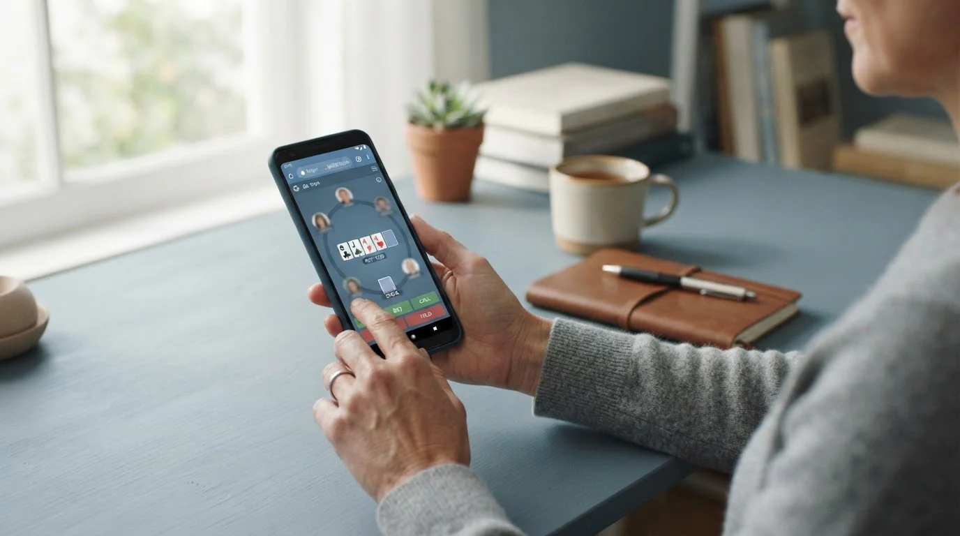 Spieler nutzt einen neutralen mobilen Pokerbrowser mit sichtbaren Sicherheitsdetails