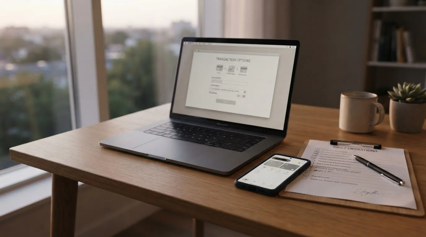 Laptop mit neutraler Auszahlungsseite und Smartphone-Wallet ohne Markenkennzeichen