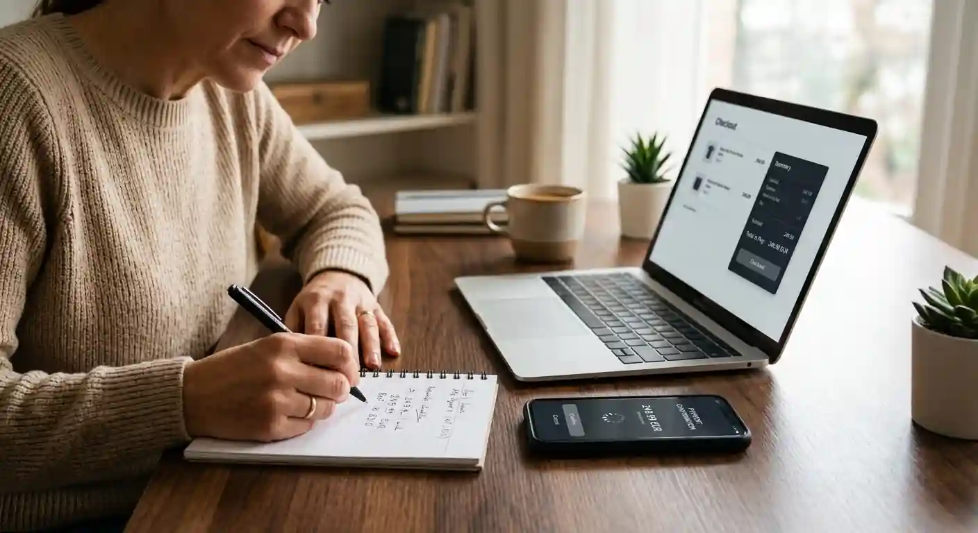 Smartphone mit neutraler Wallet-Bestätigung neben geordneten Zahlungsnotizen