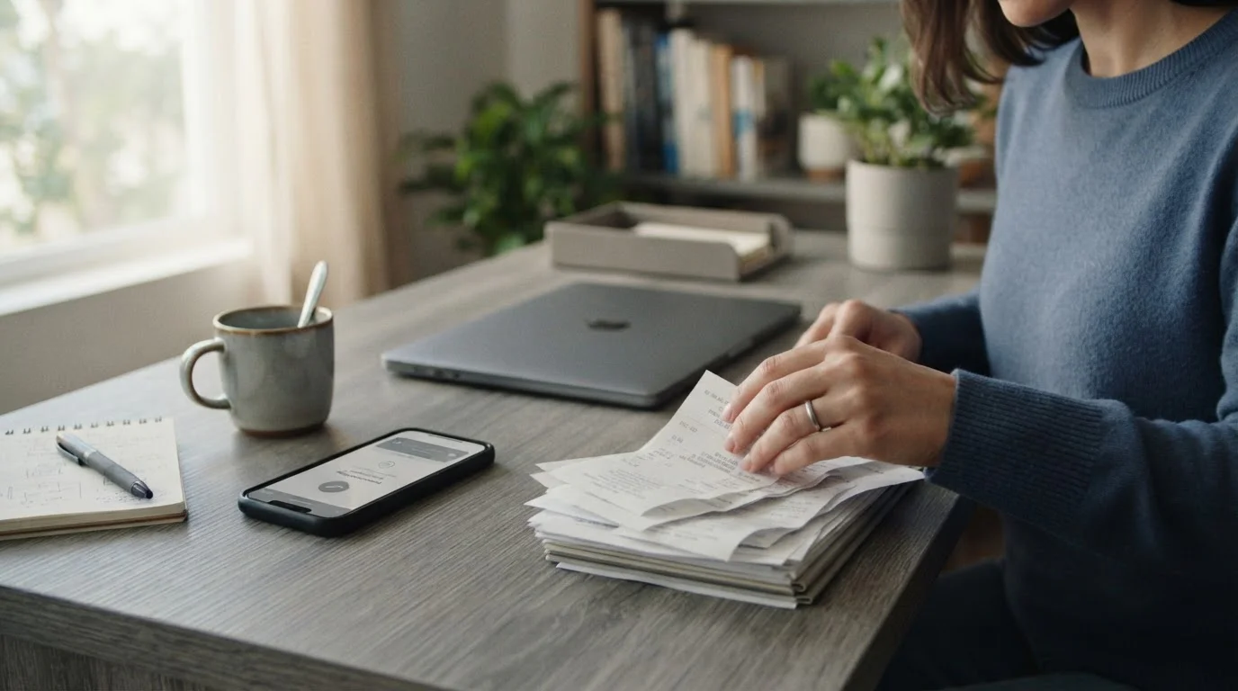 Geordnete Unterlagen und Smartphone mit neutralem Zahlungsstatus für eine Supportanfrage