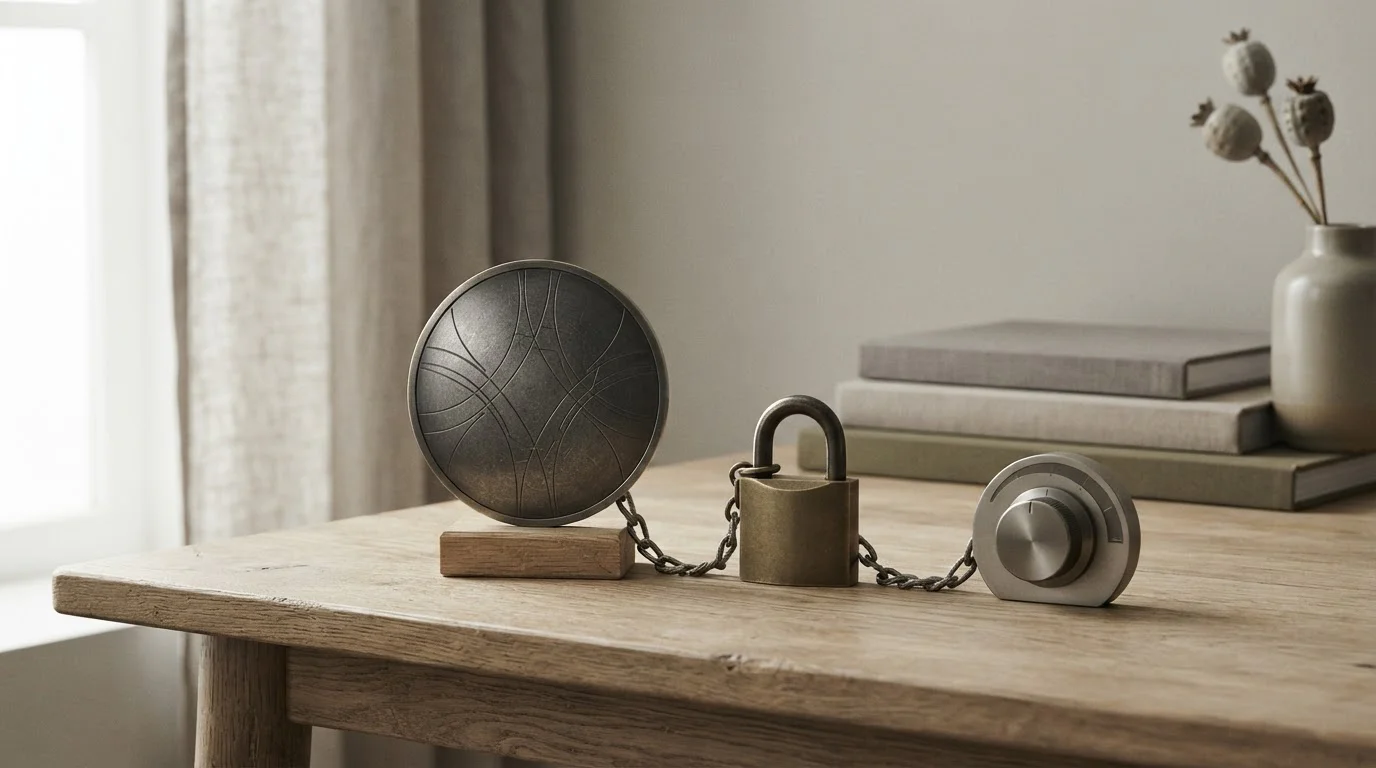 Symbolische Verbindung aus Schutzschild, geschlossenem Vorhängeschloss und Konto-Limit-Regler als Sinnbild von OASIS und LUGAS