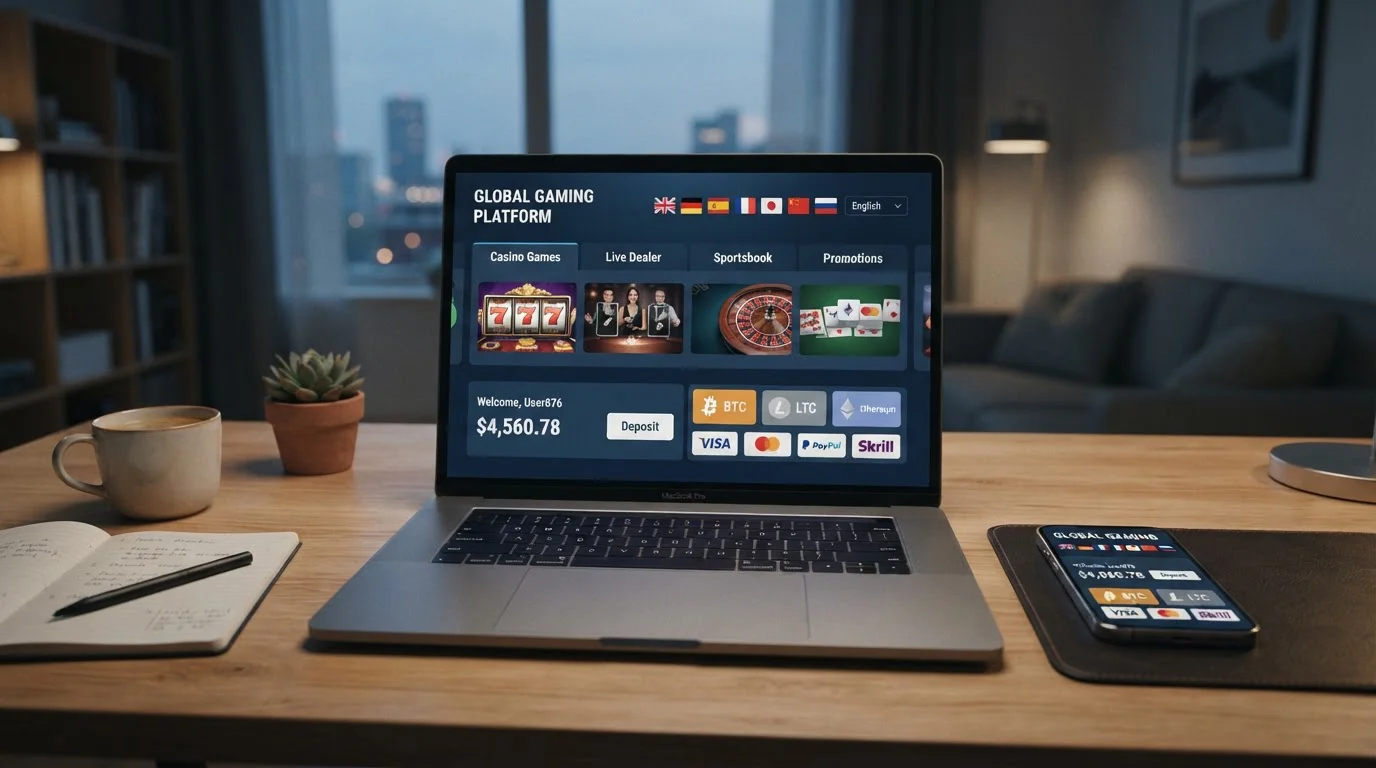 Laptop mit internationalem Casino-Interface und Krypto-Wallet