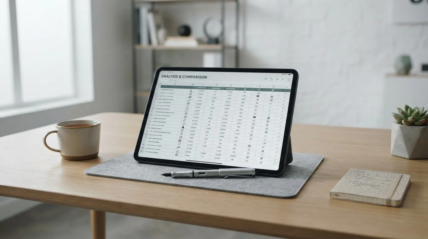 Tablet mit Vergleichstabelle auf Schreibtisch