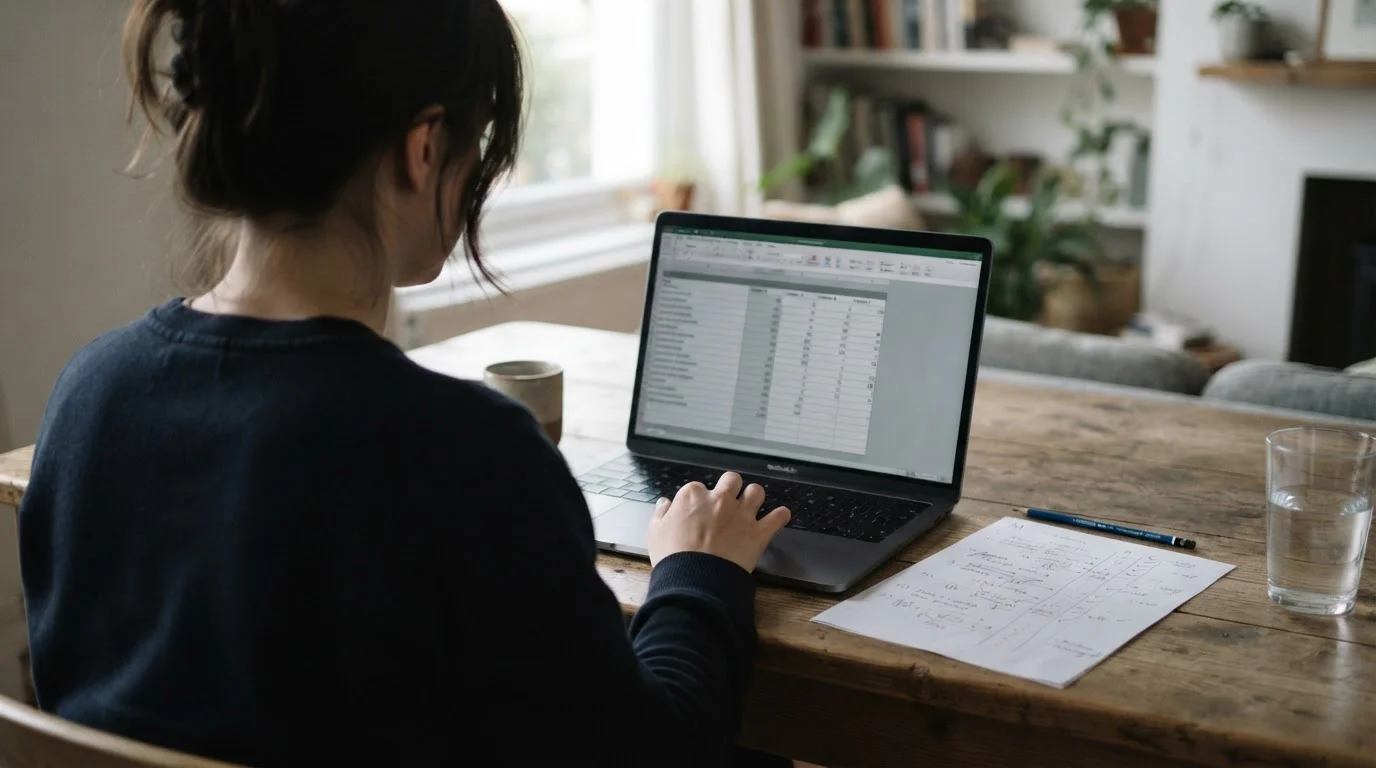 Person am Laptop prüft eine Übersichtsliste mit Anbietern und handschriftlichen Notizen