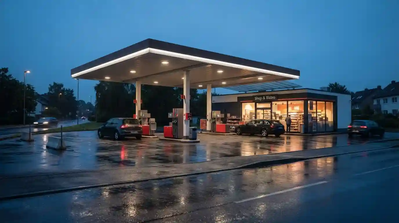 Tankstelle am Abend als OKTO.CASH-Standort für die Bareinzahlung