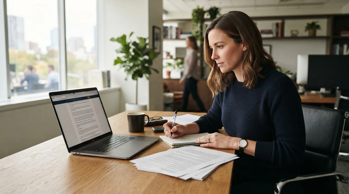 Laptop mit klarer Anbieterprüfung und neutralen Dokumenten