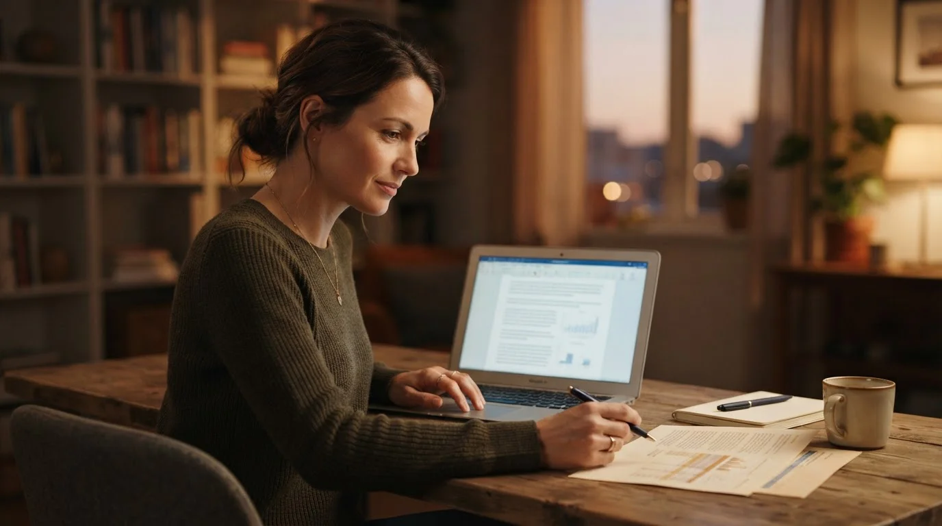 Neutrale Auszahlungsübersicht auf einem Laptop mit Dokumenten und Stift