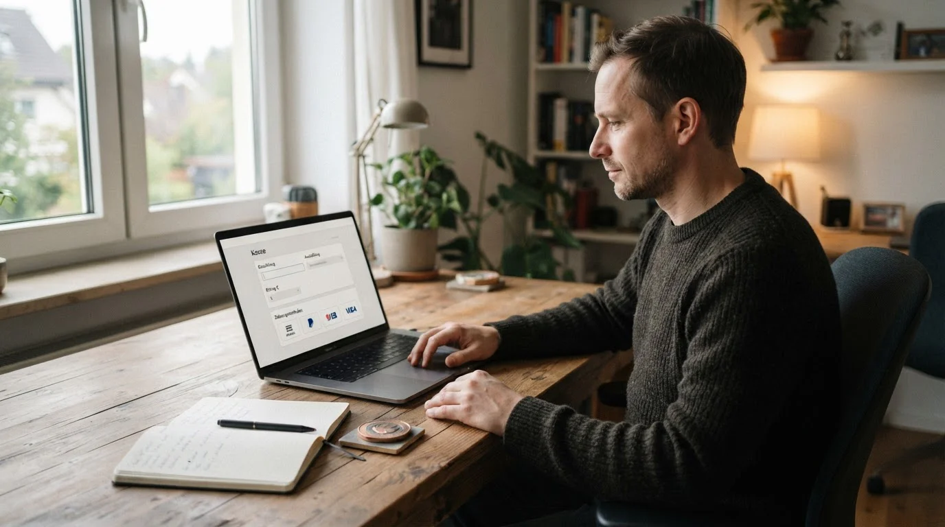 Laptop mit neutraler Casino-Kassiereransicht und kleinem Budget