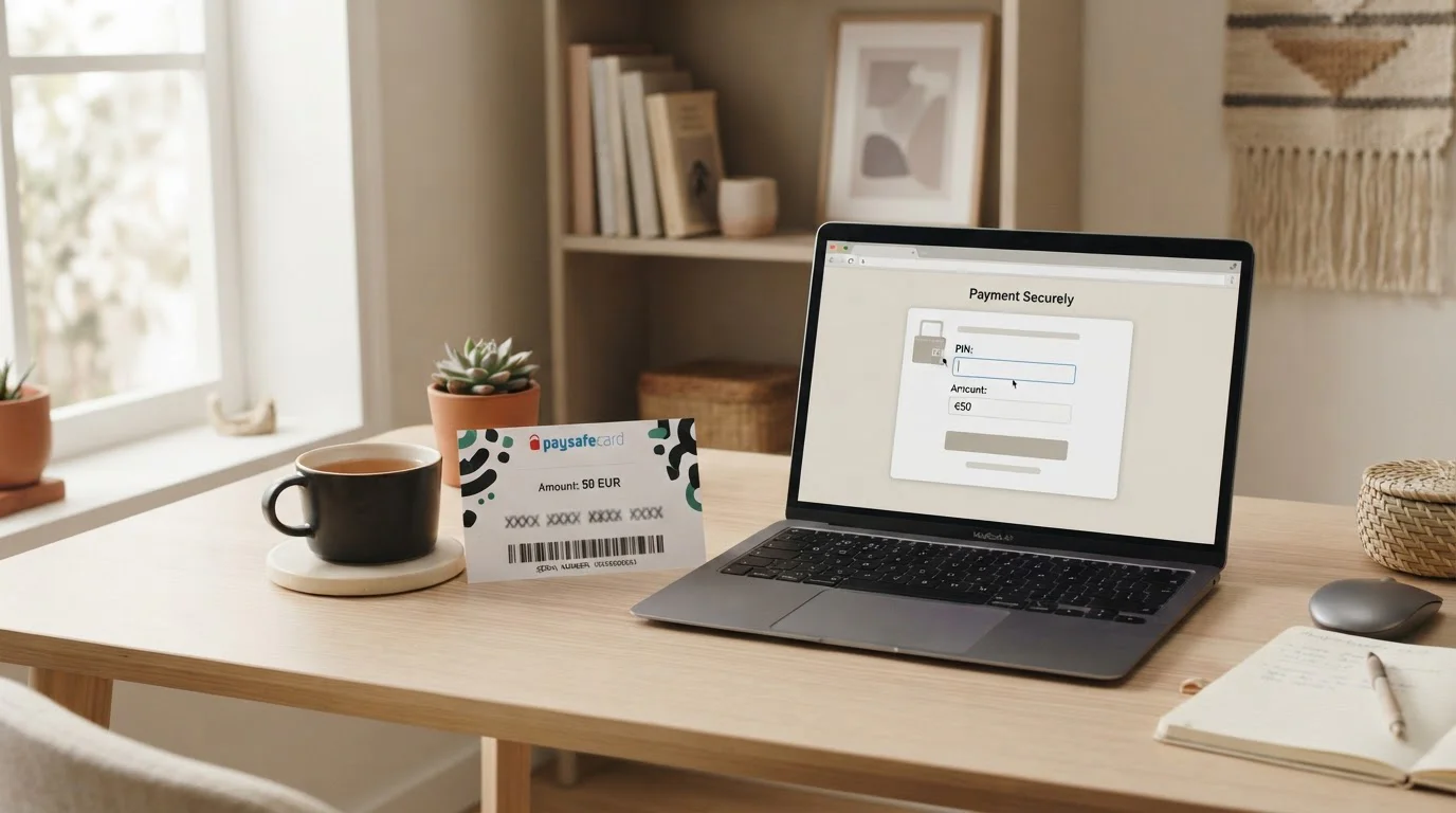 paysafecard-Code mit 16-stelliger PIN neben Laptop mit Casino-Kassenbereich