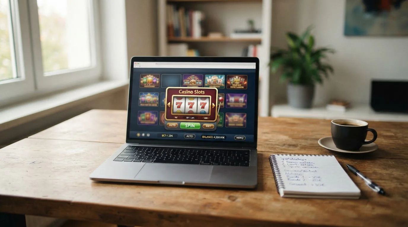 Laptop auf Schreibtisch mit Casino-Vergleichsseite und Notizen