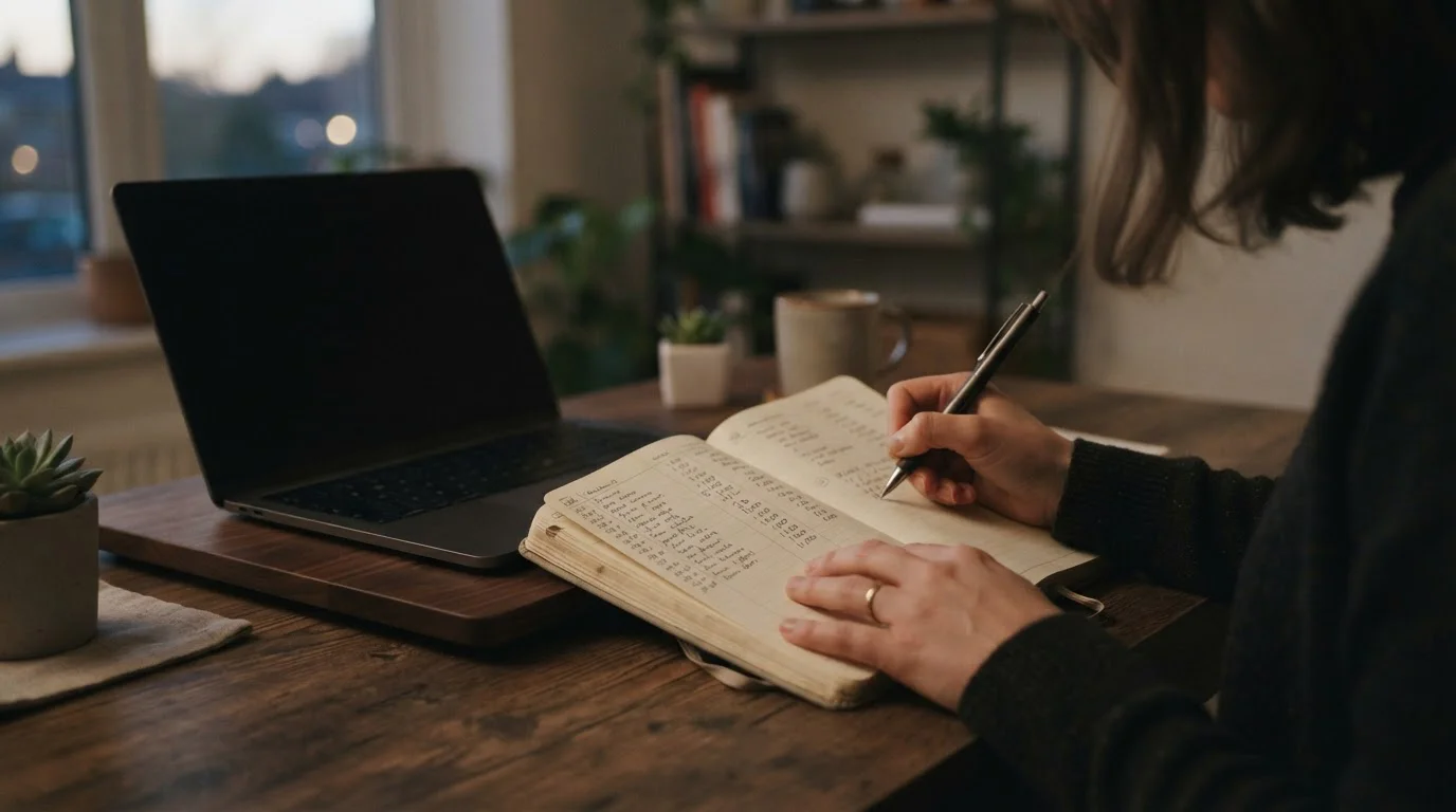 Person mit Notizblock prüft Limits und Zahlungsbedingungen am Laptop