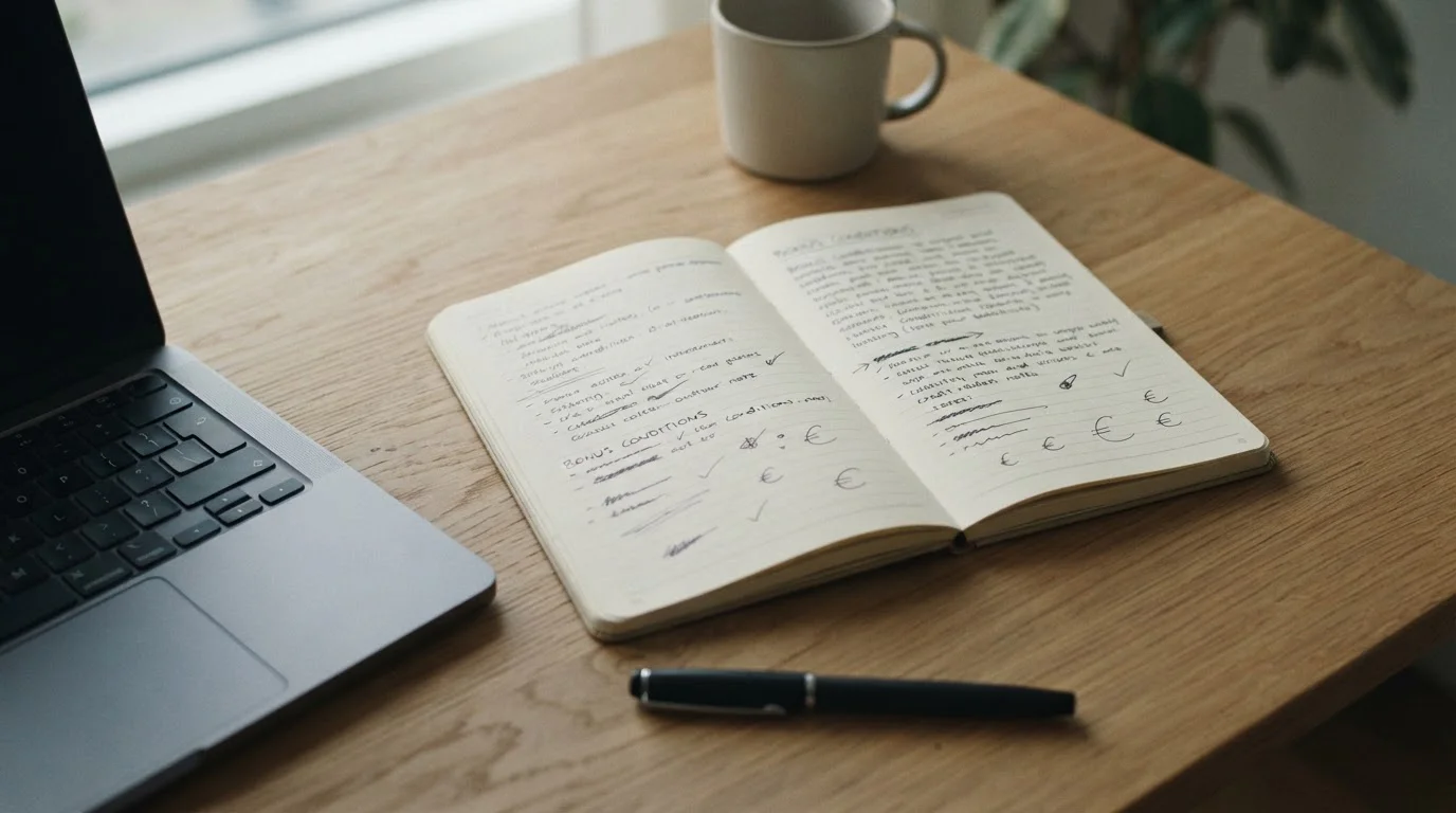Notizbuch mit neutralen Bonusbedingungen und kleinen Euro-Symbolen auf einem Schreibtisch