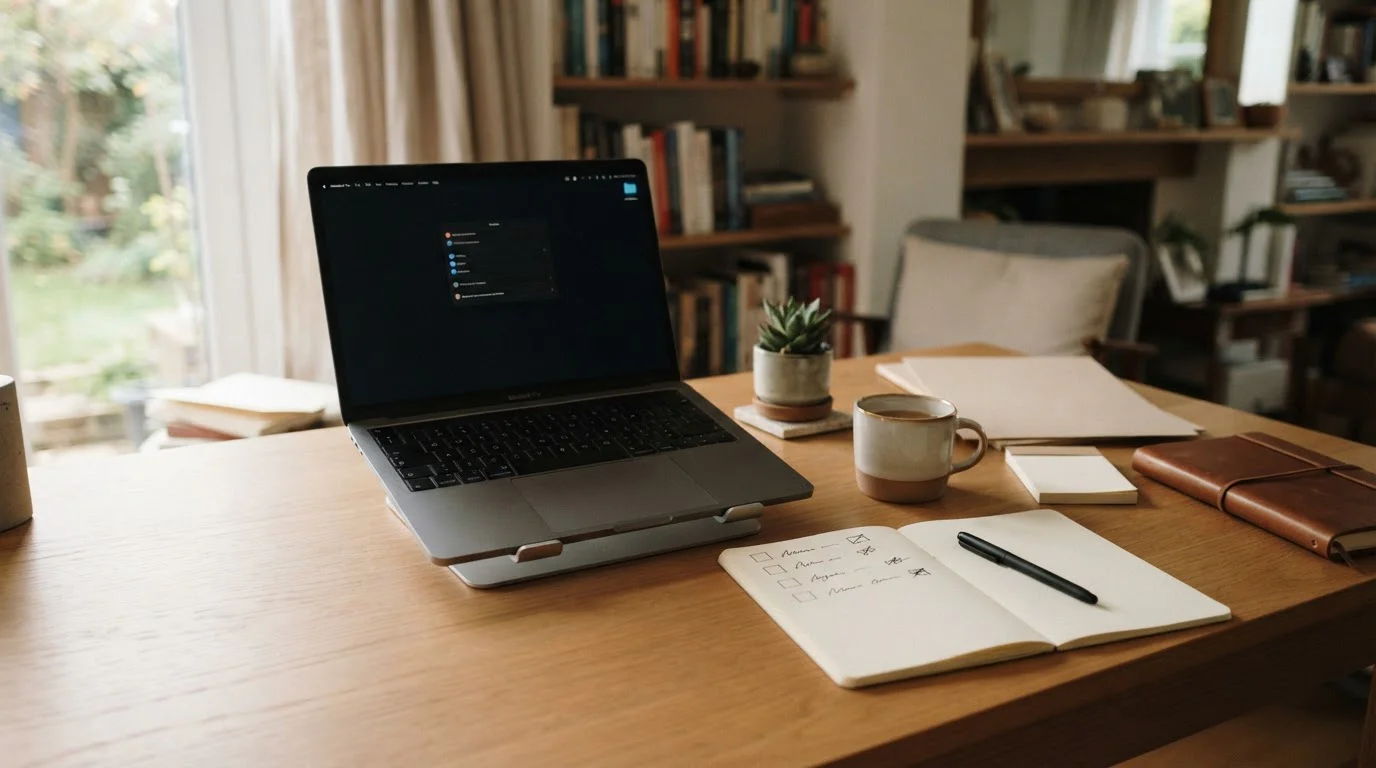 Checkliste mit Domain, Erlaubnis, PayPal und Auszahlung auf einem neutralen Arbeitstisch