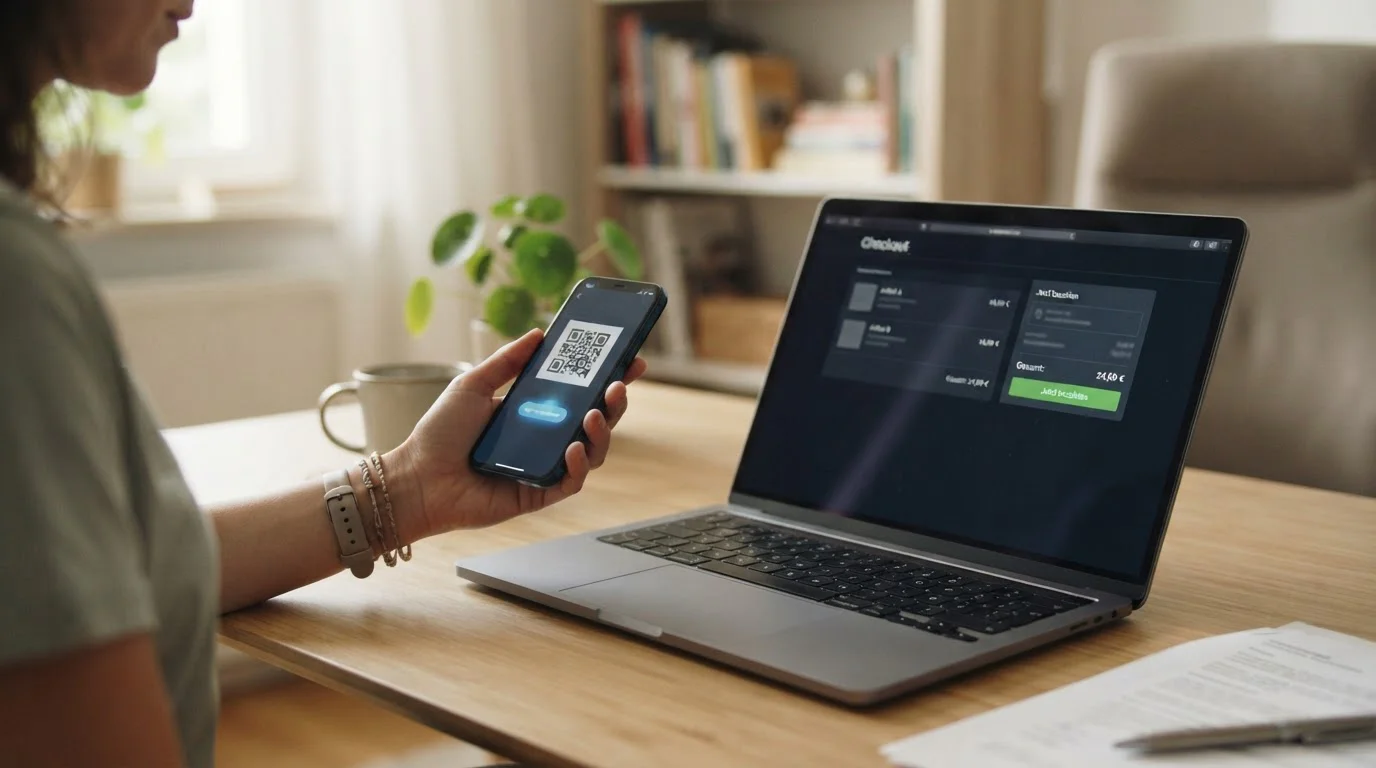 Hand mit Smartphone vor einer neutralen digitalen Kassenansicht ohne Markenlogo