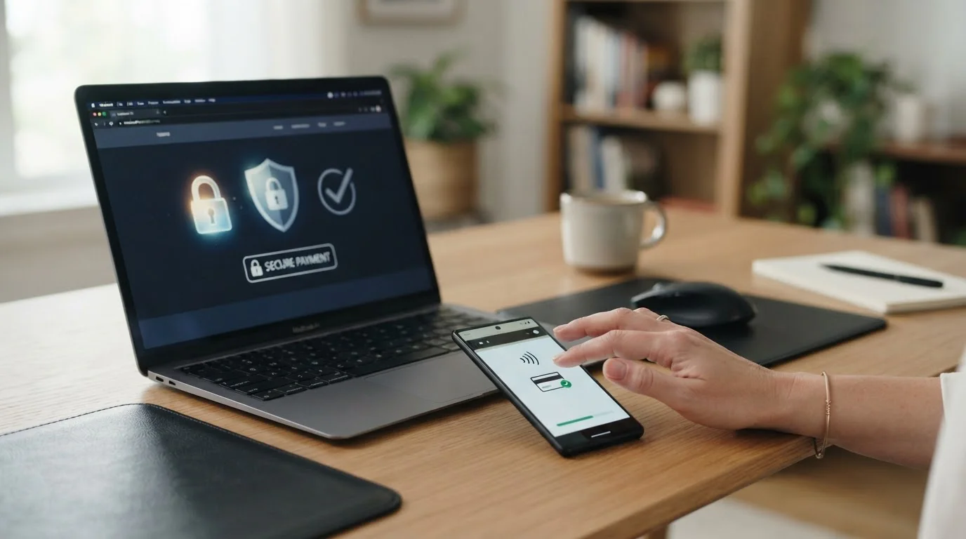 Laptop mit neutralen Symbolen für PayPal und paysafecard ohne Logos