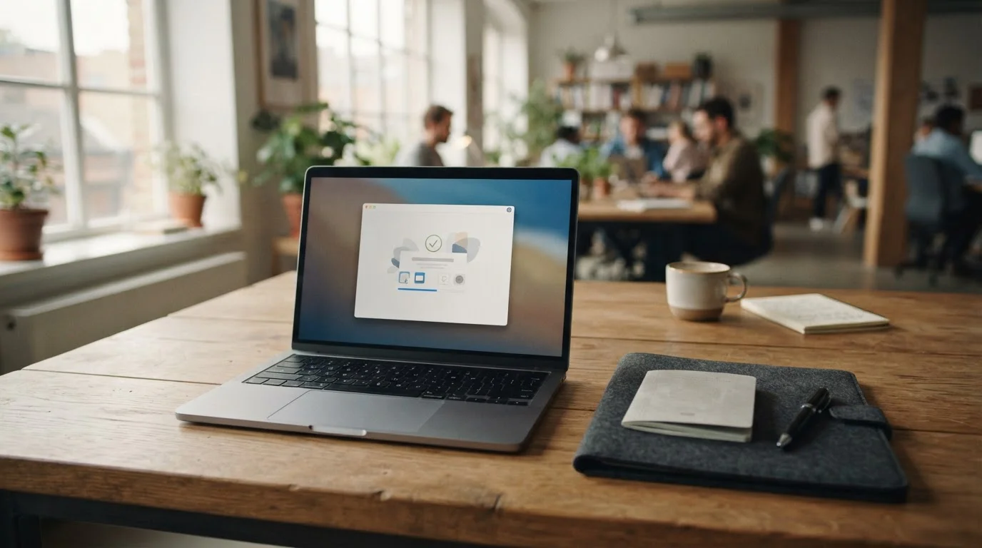 Laptop mit neutraler Kassenansicht und Dokumenten für KYC-Prüfung
