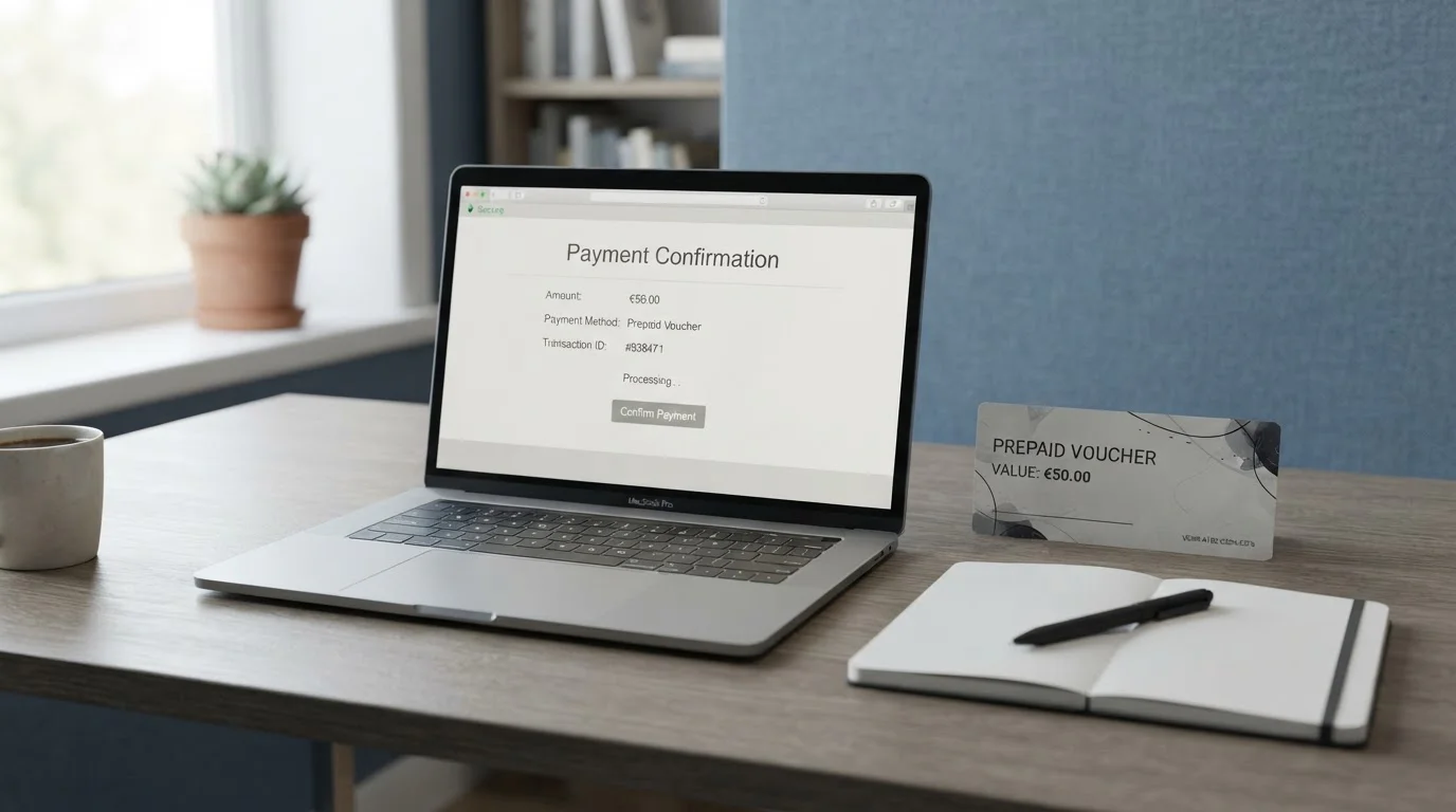 Paysafecard-Casino ohne Limit im Überblick mit Laptop und neutralem Zahlungsdokument