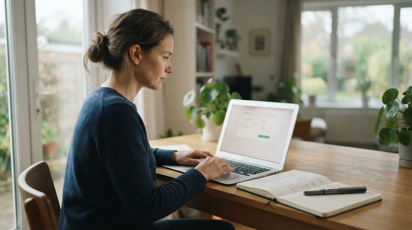 Paysafecard-Zahlung am Laptop neben Notizblock mit Budgetangaben