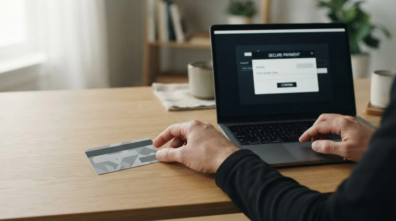 Neutraler Prepaid-Gutschein neben einem Laptop mit anonymem Zahlungsfenster auf einem Schreibtisch