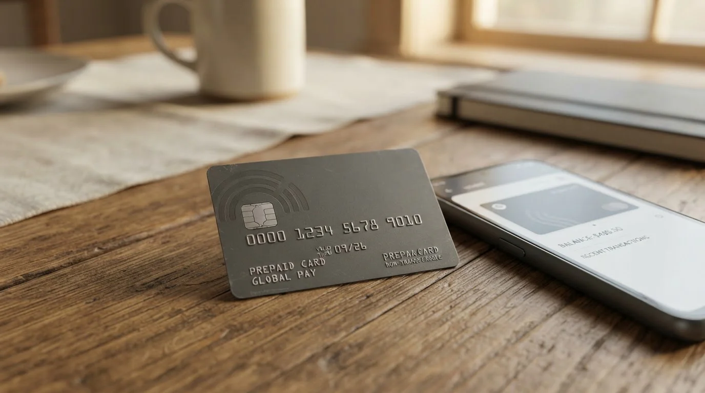 Prepaid-Guthabenkarte mit abstraktem Chip-Symbol neben einem Smartphone