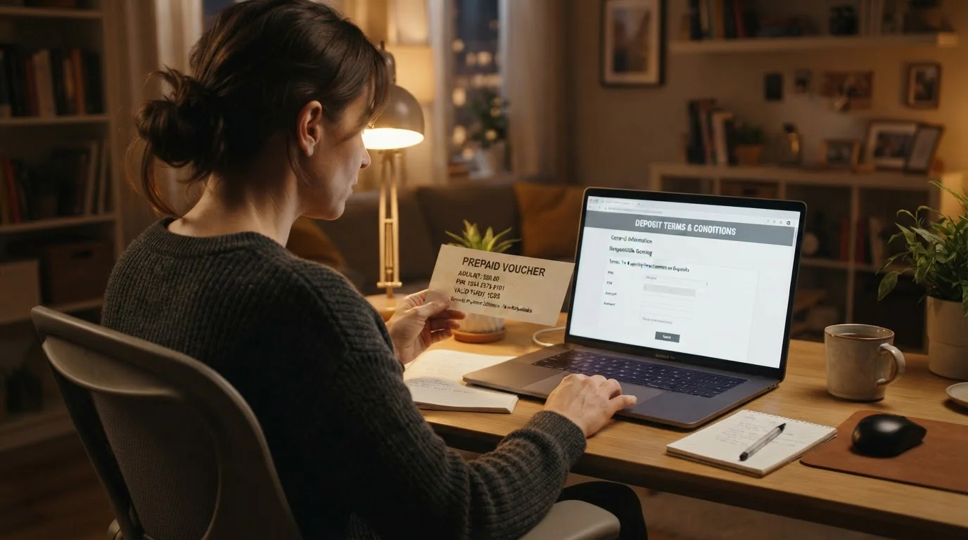 Person prüft eine Paysafecard-Einzahlung und Bonusbedingungen am Laptop