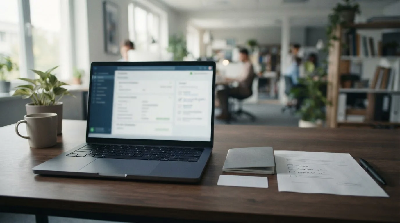 Abstrakte Auszahlungskontrolle mit Dokumenten und sicherem Laptop ohne Logos